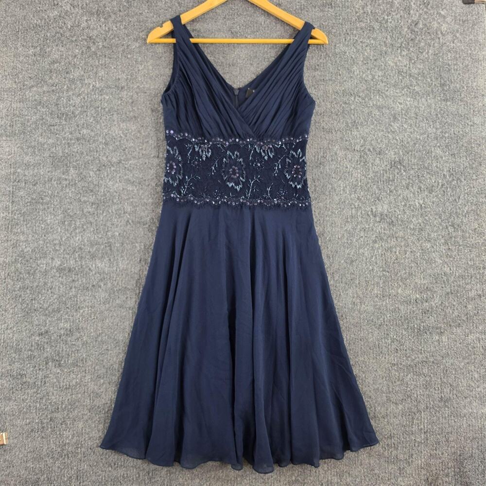Tadashi Collection Dress 8 Beaded Lace Silk Midi Navy Party Evening Mob Fairy
